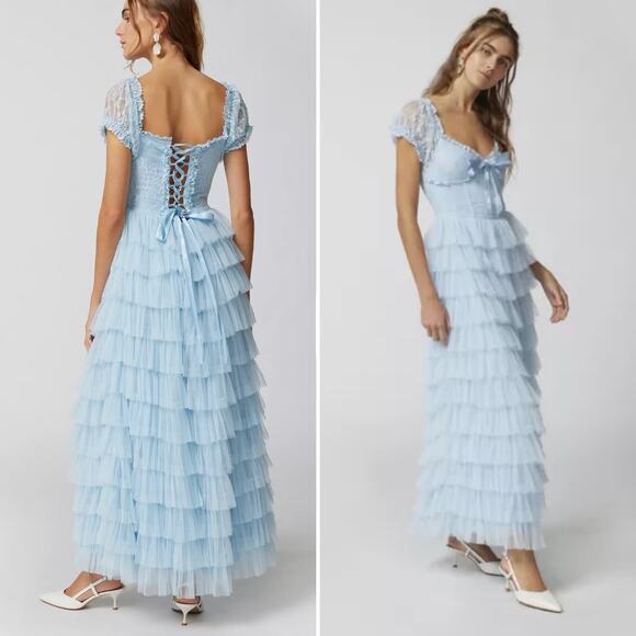 Amy Jane London Sofia Blue Lace Tulle Maxi Dress Size Large - Picture 1 of 11